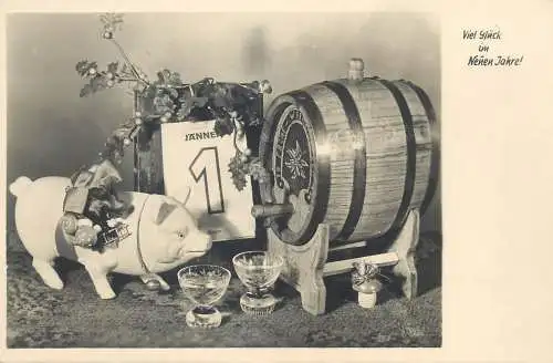 Postcard Germany New years greetings Nenen Jahre Viel Gluck pig barrel