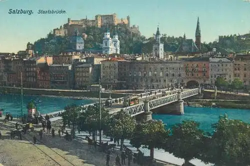 Postcard Austria > Salzburg bridge and tram panorama