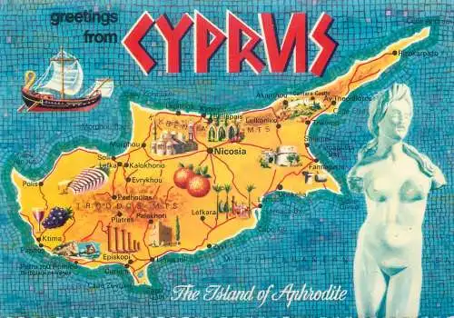 souvenir Postcard Greetings from Island of Aphrodite Cyprus country map