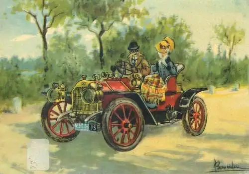 Postcard lovers couple in fancy vintage car signed illustration