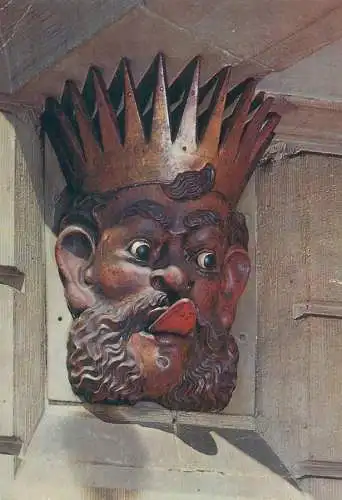 Postcard Switzerland Basel Lallenkonig head sculpture near Central Rhine Bridge