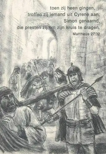 Religious scene Postcard Simon from Cyrene taking the Cross from Jesus pencil drawing