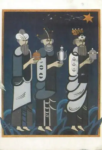 Postcard Christmas greetings the Three Wise Men following the Star Matai Attila graphic art