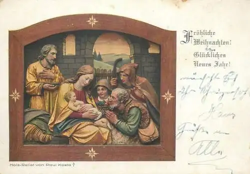 Religious Postcard Paul Kosta wood relief Holy Child Adoration