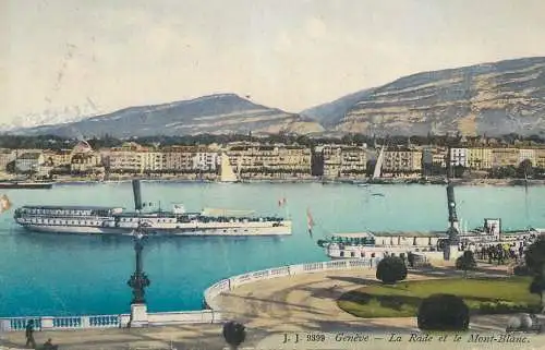 Postcard Switzerland Geneve la rade et le Mont Blanc paddleboat steamer