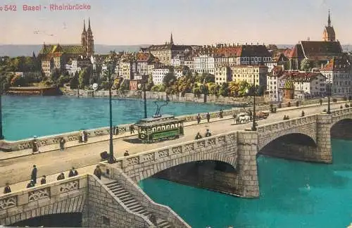 Postcard Switzerland Basel Rheinbrucke tram