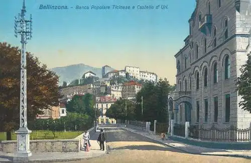 Postcard  Switzerland Bellinzona banca popolare Ticinese e castello d'Uri