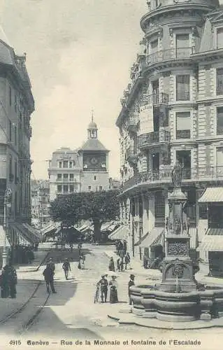 Postcard Switzerland Geneve rue de Monnaie fontaine clocktower