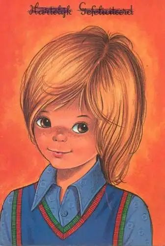 Happy Birthday greetings Postcard young boy portrait illustration drawing