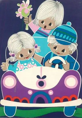 Postcard car-driving adult like children types funny humorous illustration drawing