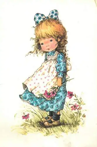 Postcard children types peasant young girl flower picking illustration drawing