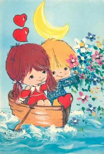 Postcard children romance love boat illustration drawing