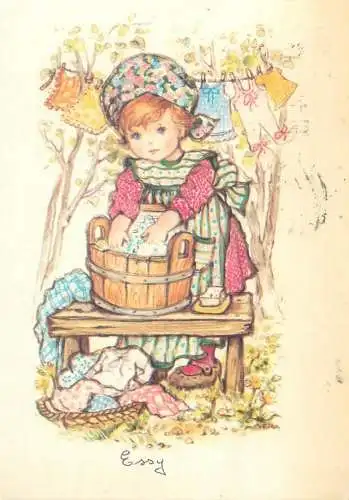 Postcard laundry woman washing clothes signed illustration drawing