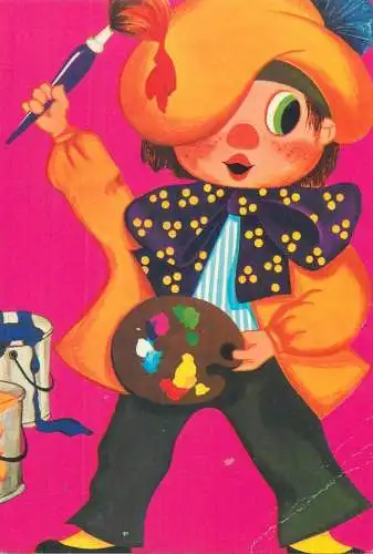 Postcard children types artist painter illustration drawing