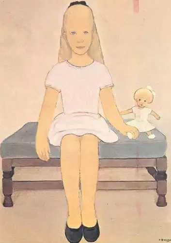 Postcard children types young girl with doll signed illustration drawing