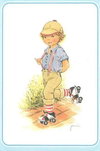 Postcard children types roller-skating young boy signed illustration drawing