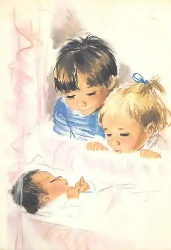 Postcard children types watching their little brother sleeping drawing illustration