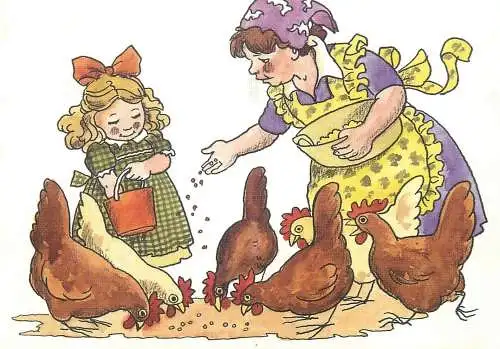 Postcard peasant woman and daughter feeding poultry Jaap Kramer drawing