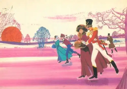 Postcard soldier in uniform and elegant lady ice skating