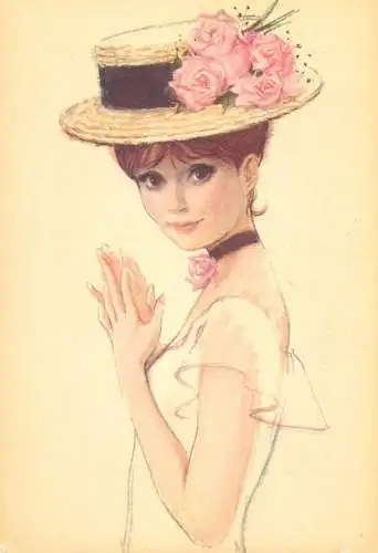 Postcard elegant beautiful woman roses decorated fancy hat drawing illustration