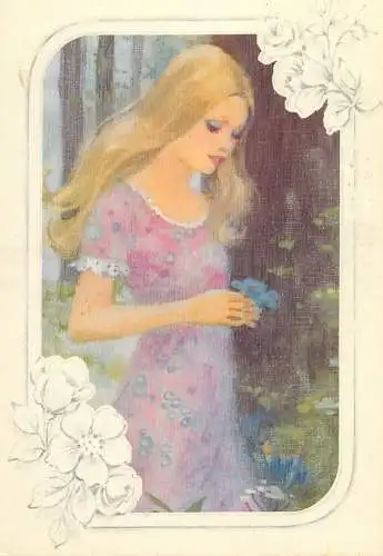 Postcard elegant beautiful woman in the woods drawing illustration