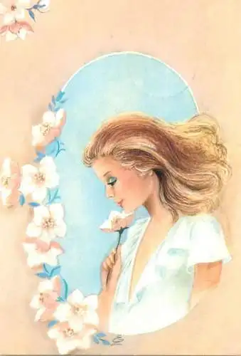 Postcard elegant beautiful woman smelling a flower illustration