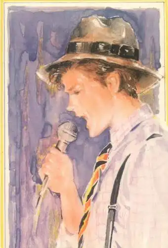 Postcard young gentleman singing a song humorous drawing