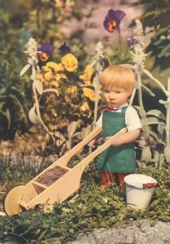 Comic humorous Postcard miniature world boy with wheelbarrow in garden Max Kruse photo