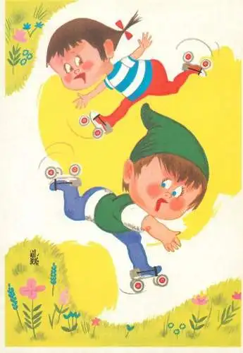 Comic humorous Postcard roller-skating funny types Will Berg signed illustration