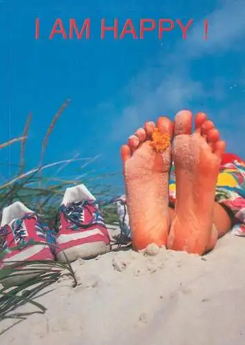 Comic humorous image feet of a happy man at the beach Postcard