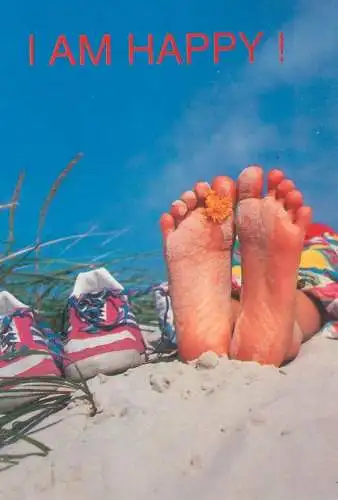 Comic humorous image feet of a happy man at the beach Post card