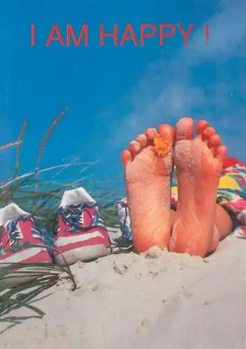 Comic humorous Post card feet of a happy man at the beach