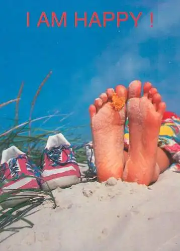 Comic humorous Postcard feet of a happy man at the beach