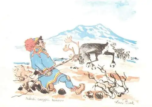 Comics Postcard funny humorous Lars Pirak signed illustration man hunting elk drawing