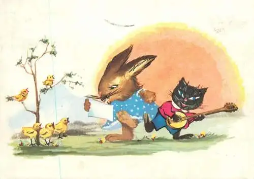 Comics Postcard animal choir rabbit cat and birds