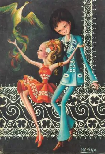 Comics Postcard romantic couple dancers Marina signed illustration