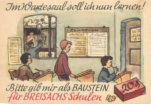 Comics Postcard Im Wartesaal soll ich nun lernen  Bitte gib mir als Baustein fur Breisachs Schulen