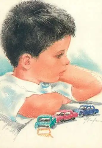 Comics Postcard young boy playing with miniature toy cars signed drawing