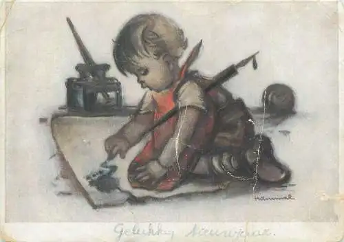 Comics Postcard young boy artist Hummel signed drawing