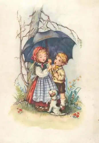 Comics Postcard boy girl and dog children drawing illustration