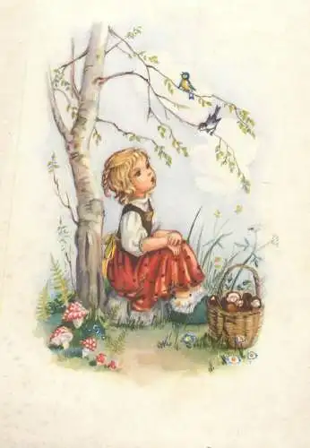 Comics Postcard mushroom picking girl illustration
