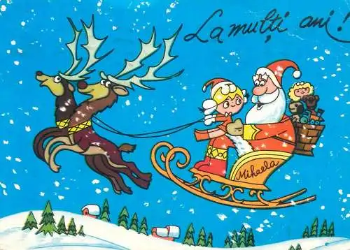 Comics Postcard Santa Claus flying sleigh scene from children cartoon "Mihaela"