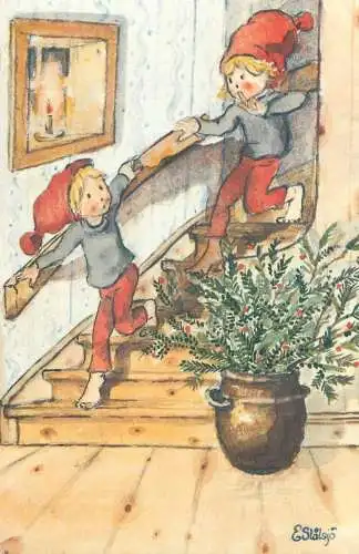 Comics Post card girls running on stairs Eva Stalsjo signed illustration