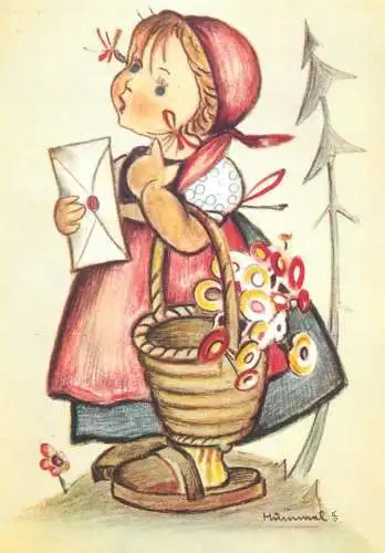 Comics Post card The Little Messenger M.I. Hummel signed illustration drawing from "Hummelbuch"