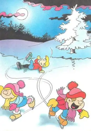 Comics Post card funny humorous drawing illustration ice-skating types and scenes