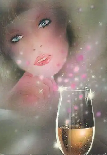 beautiful woman with champagne glass illustration Post card