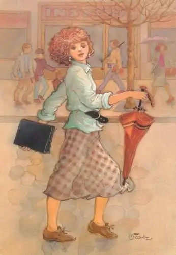 elegant beautiful woman drawing illustration signed Post card