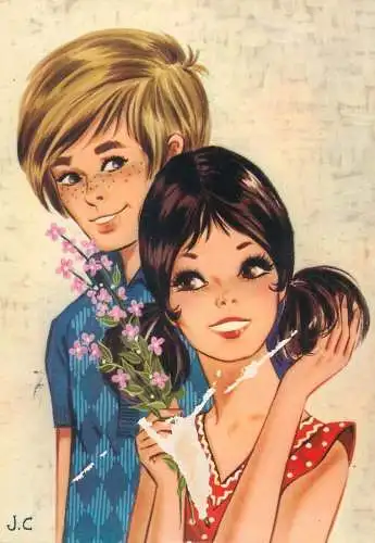 Postcard romantic lovers couple J.C signed illustration