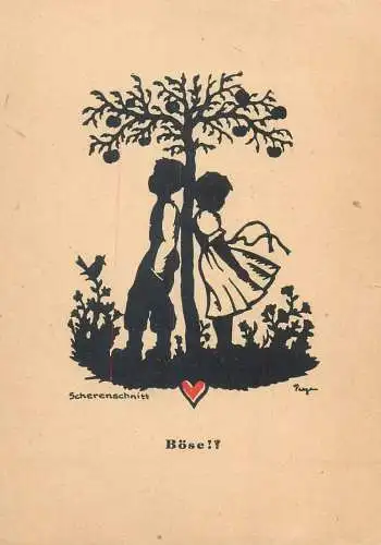 Scherenschnitt signed Postcard romantic couple under apple tree