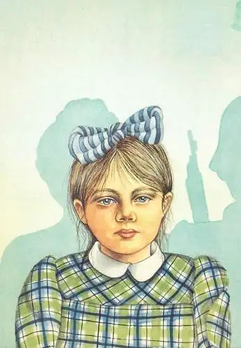 Postcard beautiful blue-eyed girl portrait painting